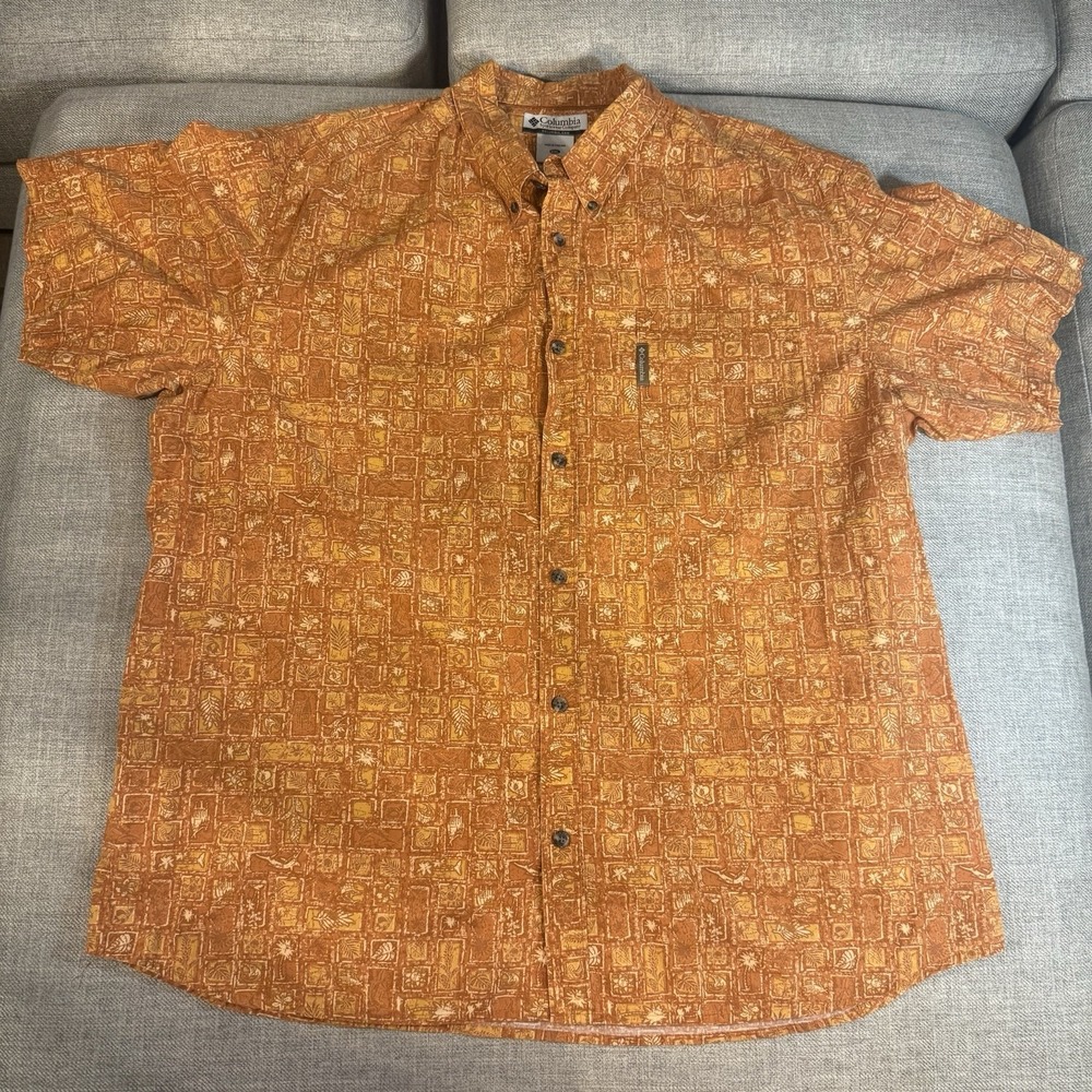 Columbia Mens XXL Tiki Hawaiian Shirt Orange Tropical Button Down